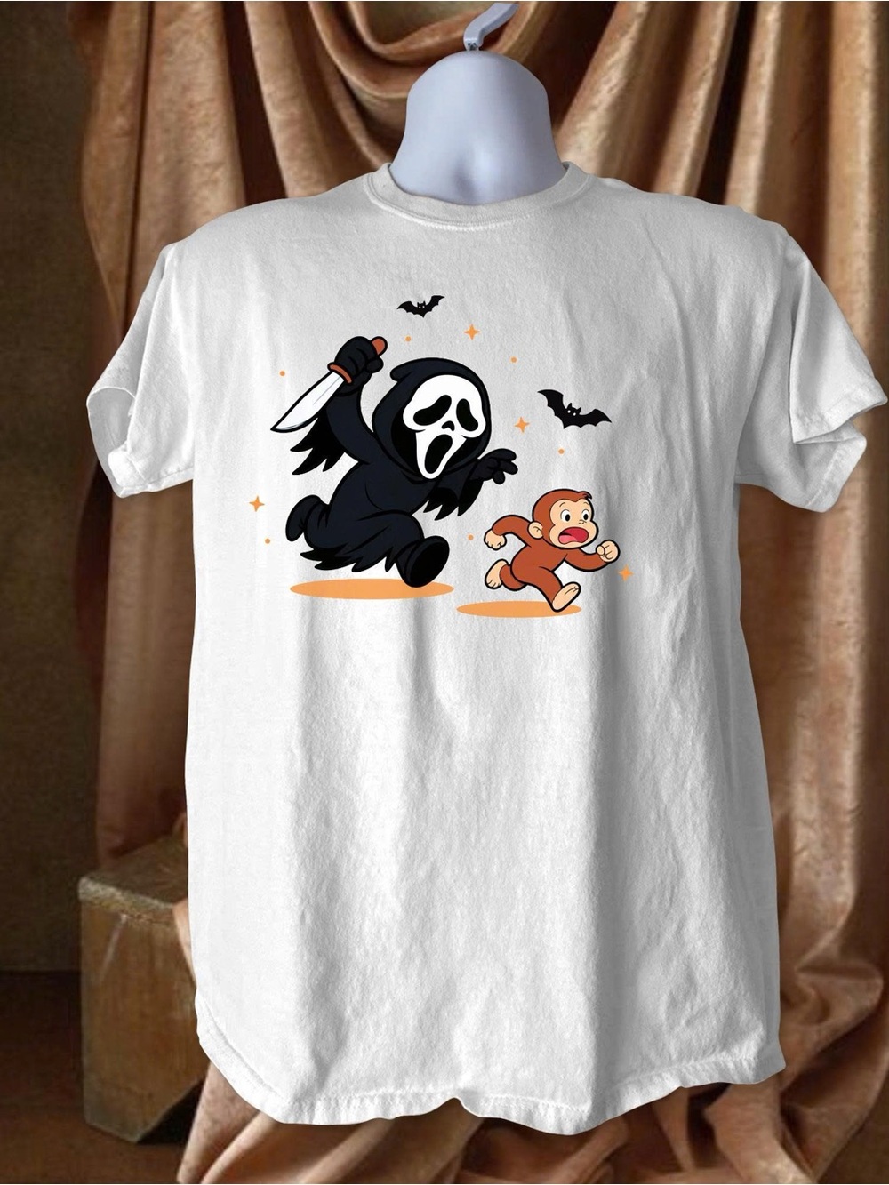 Curious Monkey with Scream Ghost Halloween Graphic Tee